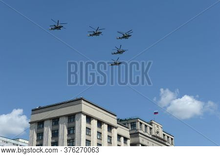 Moscow, Russia - June 24, 2020:a Group Of Ka-52 Alligator Reconnaissance And Attack Helicopters (hok