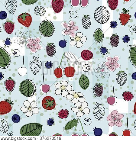 Vector Red Cherries, Strawberries, Rasberries, Blackberries, Blueberries And Flowers On Blue White B