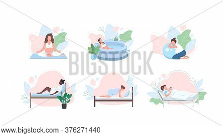 Pregnant Woman Flat Color Vector Faceless Character Set. Young African Mother. Girl With Baby. Alter