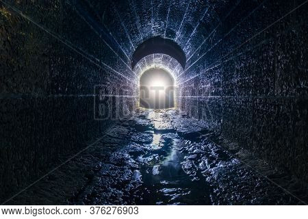 Dark And Creepy Old Historical Vaulted Flooded Underground Drainage Tunnel