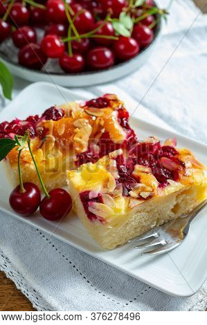 Fresh Baked Cake With Red Ripe Juicy Sour Cherry Or Kriek Berry