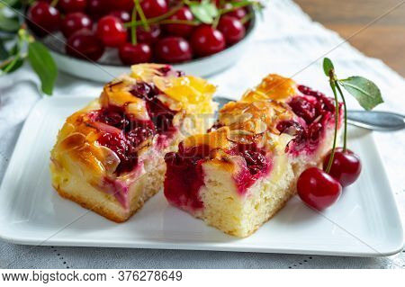 Fresh Baked Cake With Red Ripe Juicy Sour Cherry Or Kriek Berry