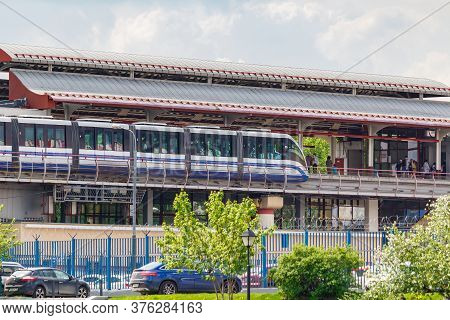Moscow, Russia - May 12, 2019: Telecentre Station Of Moscow Monorail Transport System In Sunny Sprin