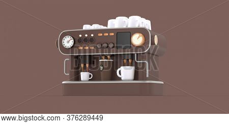 Coffee shop 3D render - coffee machine -modern concept digital illustration of a coffee maker with cups on the top, producing espresso filling in three cups. Creative landing web page header