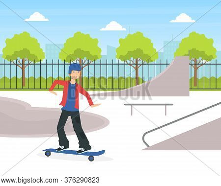 Teenage Boy Scateboarding, Guy Doing Physical Activity Outdoors Vector Illustration