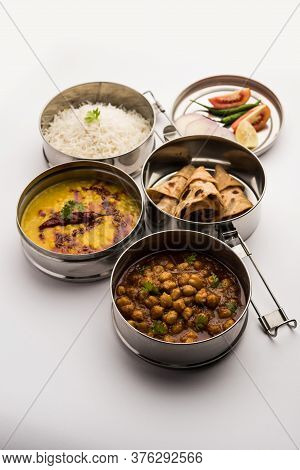 Indian Veg Lunchbox For Office Of Workplace With Chole, Dal Fry Rice And Chapati