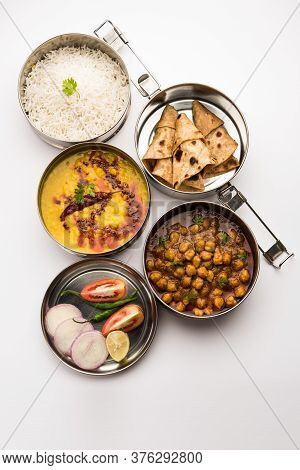 Indian Veg Lunchbox For Office Of Workplace With Chole, Dal Fry Rice And Chapati