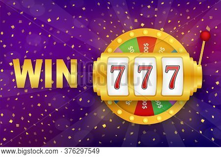 Retro Banner For Game Background Design. Winner Banner. Slot Machine With Lucky Sevens Jackpot. Vect