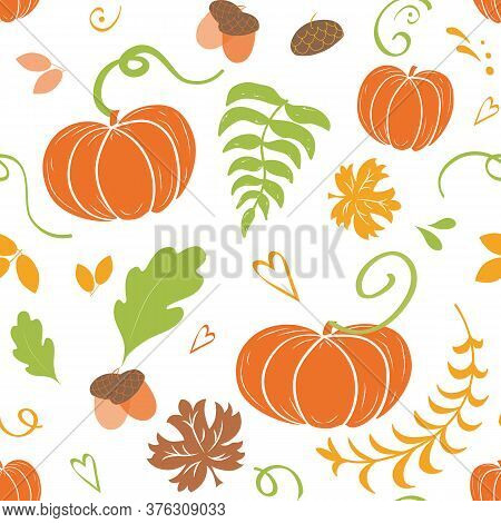 Autumn Background. Seamless Pattern Of Falling Colorful Maple Leaves Pumpkin Handd Rawn Design