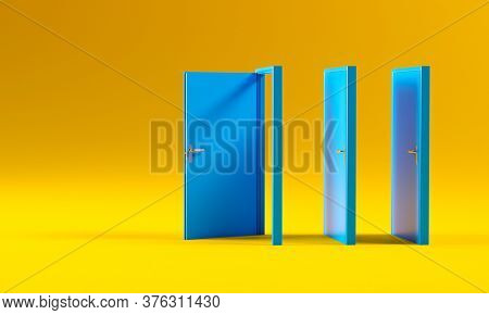 blue doors on yellow background, concept of problems, solutions, opporunity and adversity. 3d render.