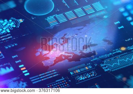 Europe map on digital lcd display with reflection and pixels. Technology and security concept. 3D rendering.