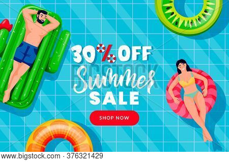 People Swim On Inflatable Tous In Swimming Pool, Top View Vector Illustration. Summer Sale Banner De