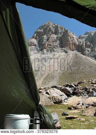 Rocky Mountain From The Tent. Pamir Alai