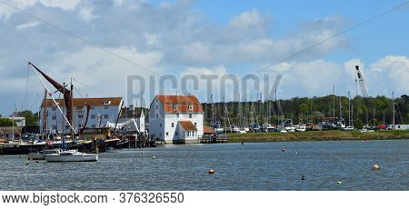 Panorama Of The River Deben At Woodbridge With Tide Mill And Boats.