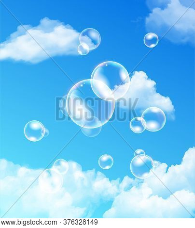Iridescent Bubbles Floating Against Blue Sky With Fluffy White Clouds , Colored Vector Illustration