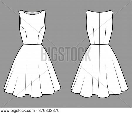 Dress Technical Fashion Illustration With Fitted Body, Boat Neck, Sleeveless, Semi-circular Fullness