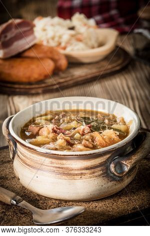Traditional Russian Sour Cabbage Soup. Selective Ocus.