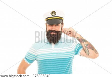 Calm Down Im Sailor. Happy Sailor Isolated On White. Sailor Or Seaman Twirl Moustache. Mariner Sailo