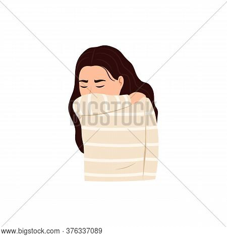Cough Or Sneeze Into Elbow Flat Icon. Infectious Germs Spread Prevention Tip. Sick Person Coughs Sne