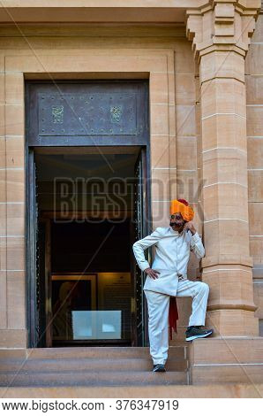 Jodhpur, Rajasthan, India, 2020. Guard With Imposing Mustache In Front Of A Gate In Umaid Bhawan.