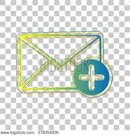 Mail Sign Illustration With Add Mark. Blue To Green Gradient Icon With Four Roughen Contours On Styl
