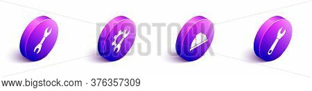 Set Isometric Wrench Spanner, Wrench Spanner And Gear, Worker Safety Helmet And Wrench Spanner Icon.