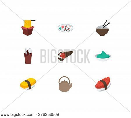 Sushi Icons Set. Tako Maki And Sushi Icons With Tamago Nigiri, Hawker And Wasabi. Set Of Tradition F