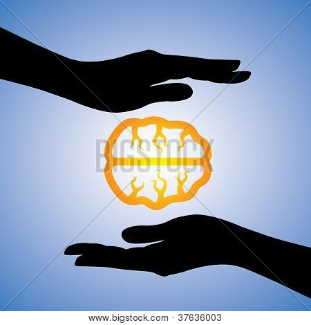 De illustratie van het concept van bescherming van menselijke kennis. De afbeelding bevat meisjes handen silhouet Cove