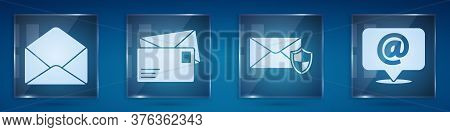 Set Envelope, Envelope, Envelope With Shield And Mail And E-mail On Speech Bubble. Square Glass Pane