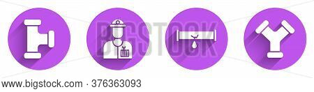 Set Industry Metallic Pipe, Plumber, Broken Pipe With Leaking Water And Industry Metallic Pipe Icon 