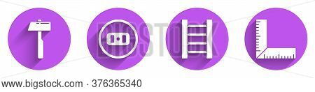 Set Hammer, Electrical Outlet, Wooden Staircase And Corner Ruler Icon With Long Shadow. Vector
