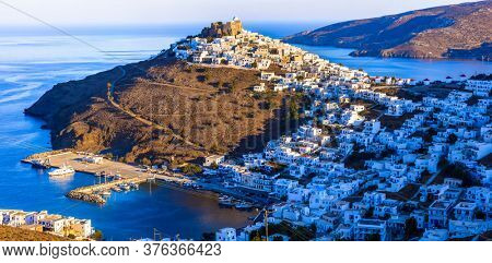 Traditional Greece - beautiful Astypalea island.Dodecanese.  View of Chora village over sunset