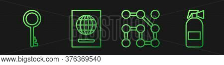 Set Line Graphic Password Protection, Old Key, Passport And Fire Extinguisher. Gradient Color Icons.
