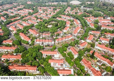 Caotun, Taiwan - October 31th, 2019: aerial view of street scenery with old house and trees at Zhongxing New Village, Nantou, Taiwan