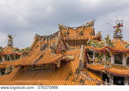 Nantou, Jiji, Taiwan - September 14th, 2019: aerial view of ruins of Wuchanggong temple when earthquake at september 21, 1999