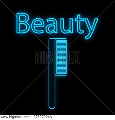 Neon Comb In Blue On A Black Background. Hairdressers Tool For Creating Bouffant, Hairstyles And Sty