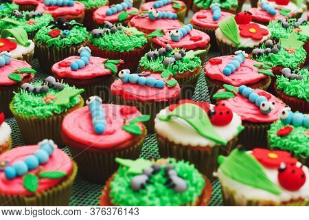 Cupcakes With Caterpillar Or Insects Decoration For Kids Birthday Party