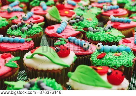 Cupcakes With Caterpillar Or Insects Decoration For Kids Birthday Party