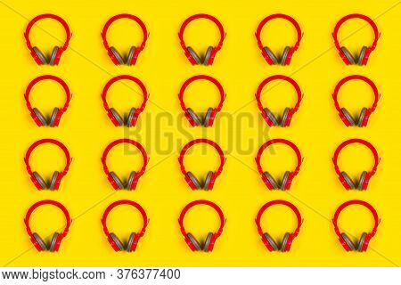 Collage Of Red Headphones On Yellow Background. Music Concept