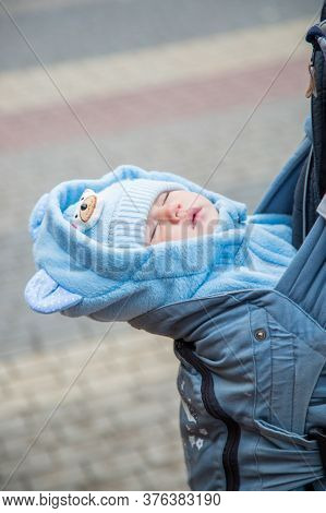 .a Small Child Sleeps In An Ergo Backpack With Dad, Autumn, Warm Clothes.
