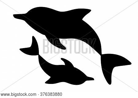 Two Dolphins Circle In A Circle. Marine Mammal. Vector Stock Illustration. Silhouette. White Isolate