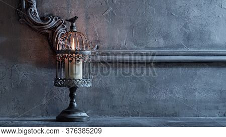 Mystical Halloween Still-life Background. Candlestick With Candles, Old Fireplace. Horror And Witche