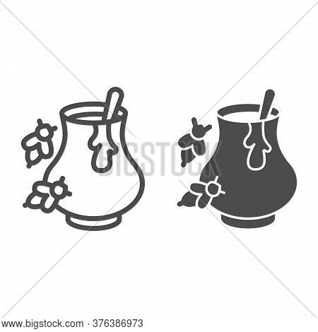 Clay Pot With Honey And Bees Line And Solid Icon, Beekeeping Concept, Natural Honey In Pot Sign On W