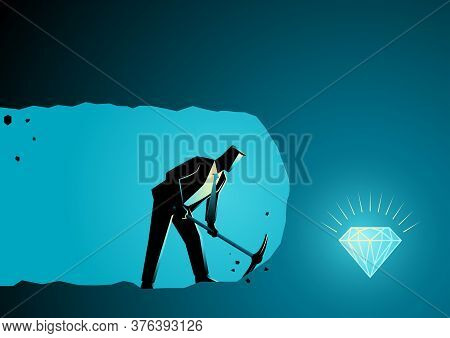 Business Concept Illustration Of A Businessman Digging And Mining To Find Treasure
