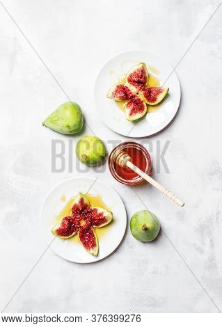 Sweet Fresh Green Figs With Honey, Summer Dessert, Gray Stone Background, Top View