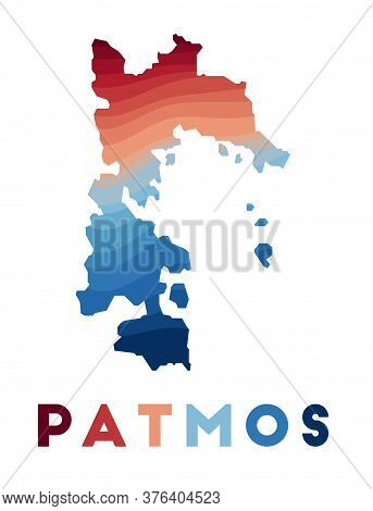 Patmos Map. Map Of The Island With Beautiful Geometric Waves In Red Blue Colors. Vivid Patmos Shape.