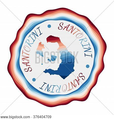 Santorini Badge. Map Of The Island With Beautiful Geometric Waves And Vibrant Red Blue Frame. Vivid