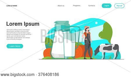 Fresh Milk In Glass Jug. Cow Pasturing On Farming Field. Vector Illustration For Farm Food, Nutritio