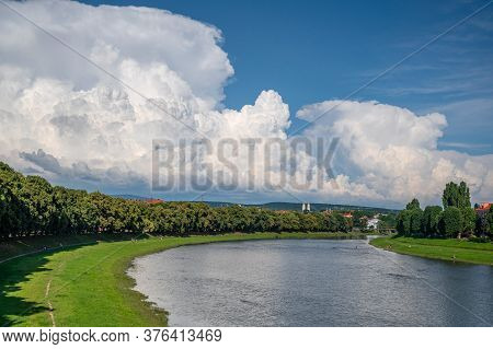 Uzhhorod, Ukraine - June 25, 2020:  Panorama Of The River Uzh And The Central Part Of The Uzhhorod C