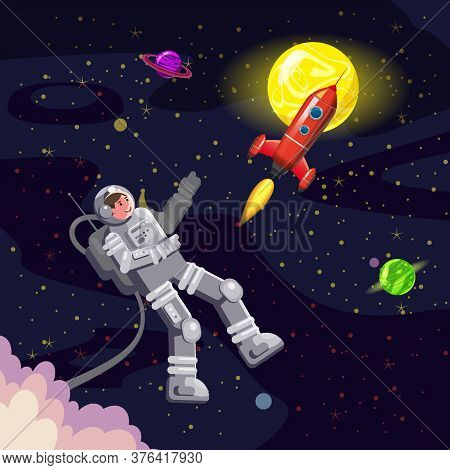 Space Card Background With Spaceman, Rocket, Ufo, Sun, Stars. Austronaut Panoramic Space Template. B